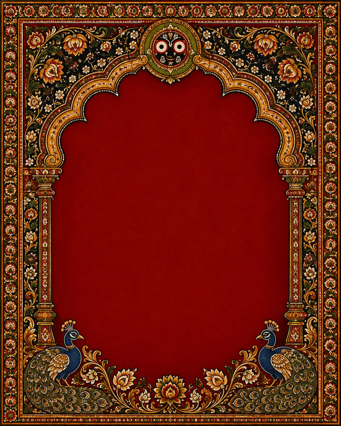Pattachitra-inspired painted frame with floral borders, peacocks, and a Jagannath-inspired medallion
